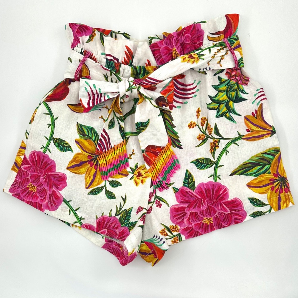 FARM RIO 100% Linen Toucan's Garden Floral Bird Print Paperbag Shorts M Beaded